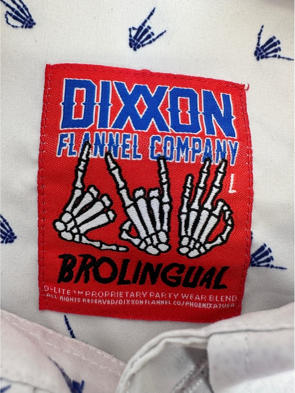 Men’s Sz L Dixxon Brolingual Short Sleeve Button Up Shirt Skeleton Hands Party - Picture 3 of 8